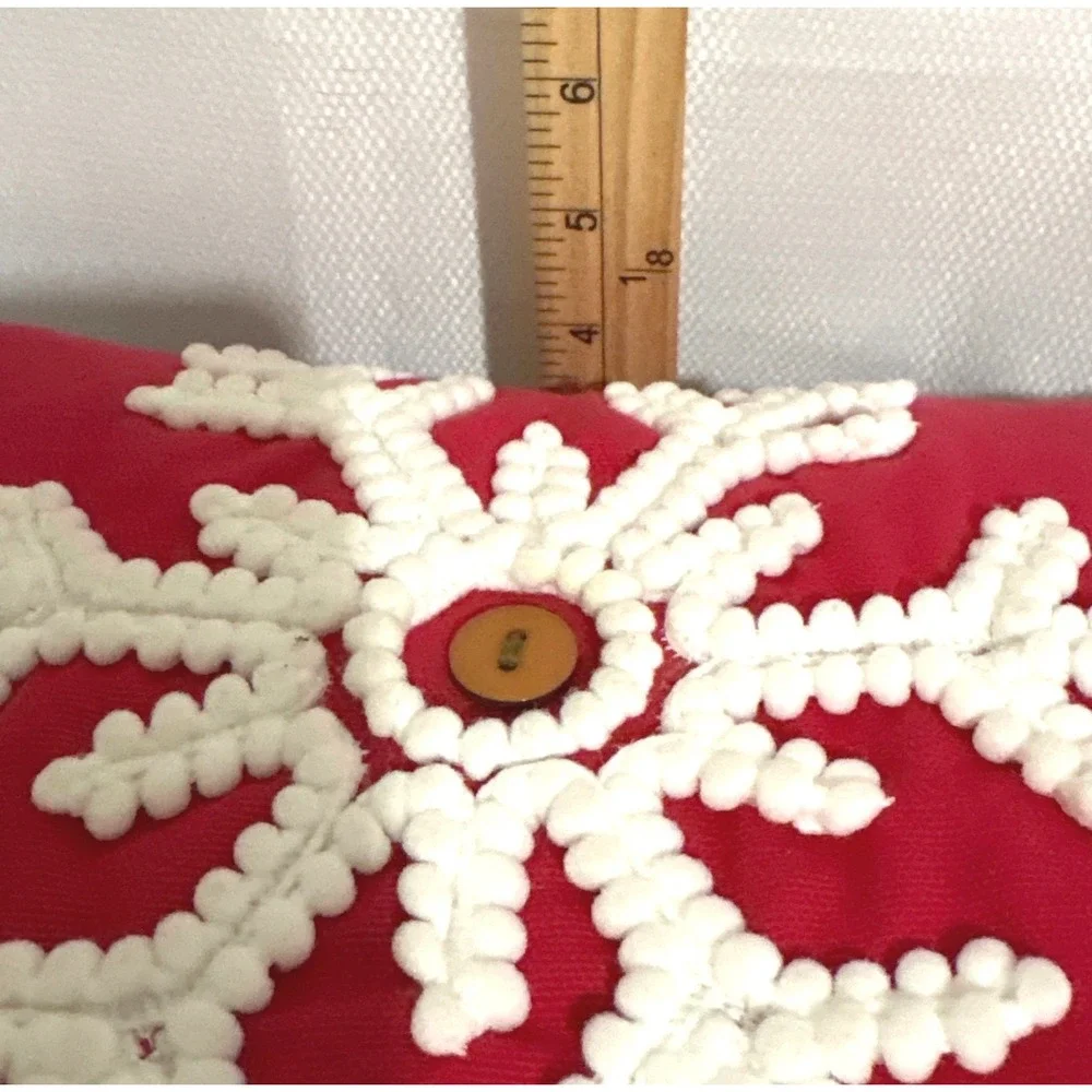 Red Christmas Snowflake Throw Pillow White‎ Textured Pom Pom Button Accent 16x16